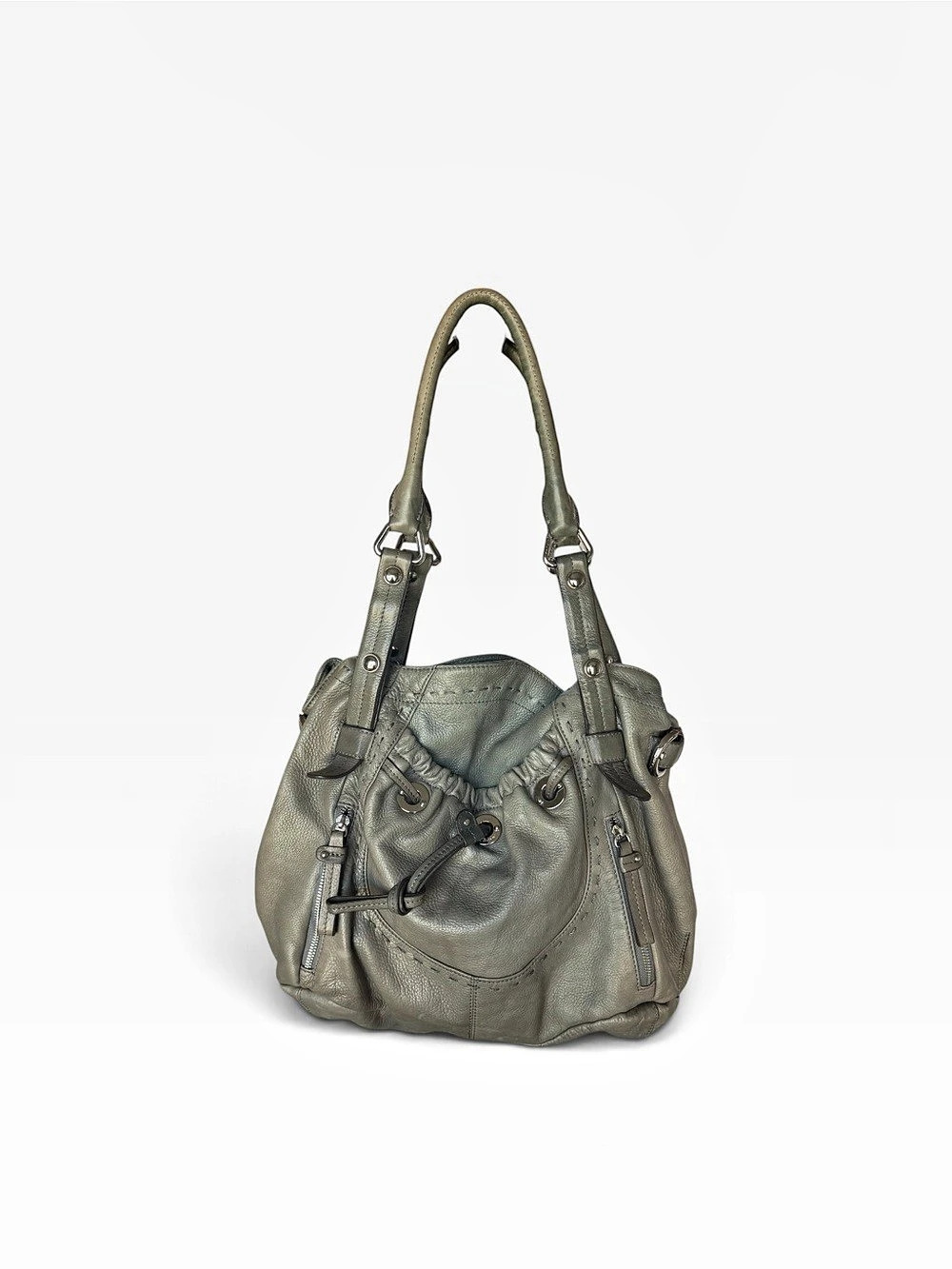 B. Makowsky Large Gray Lisbon Slouchy Leather Satchel Shoulder Bag